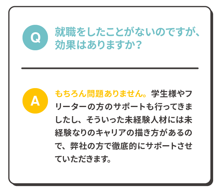 Q:就職をしたことがないのですが、効果はありますか？A:もちろん問題ありません。学生様やフリーターの方のサポートも行ってきましたし、そういった未経験人材には未経験なりのキャリアの描き方があるので、弊社の方で徹底的にサポートさせていただきます。